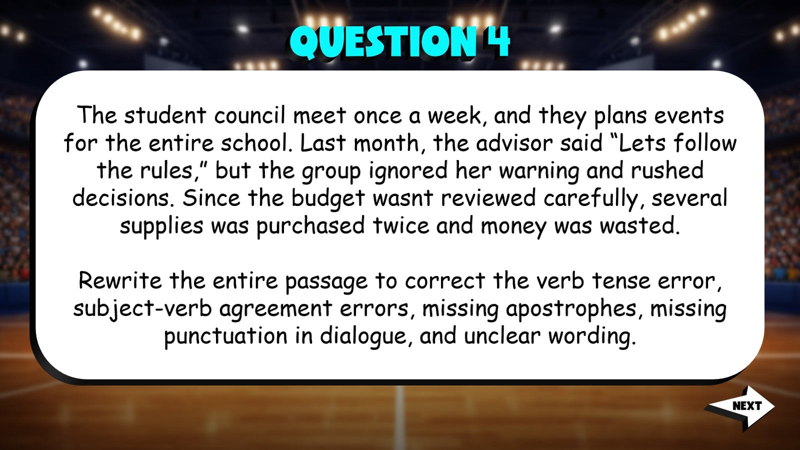 Select the Most Correct & Clear Sentence TRASHKETBALL ELA Game - Grade 10
