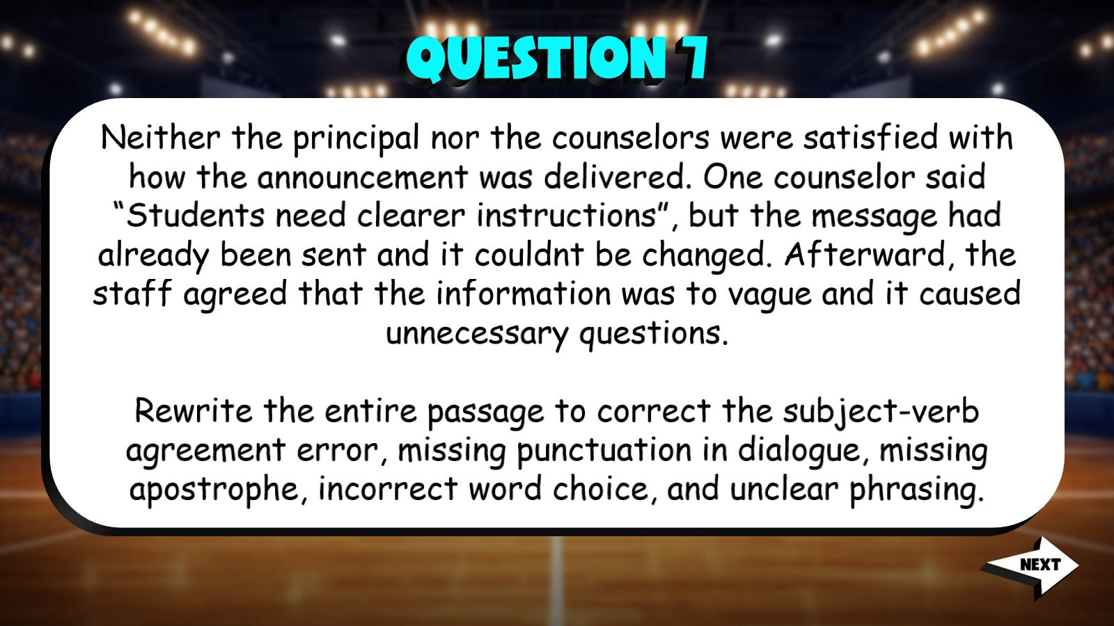 Select the Most Correct & Clear Sentence TRASHKETBALL ELA Game - Grade 10