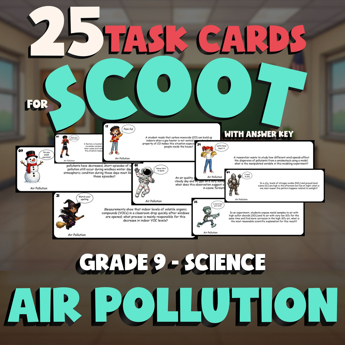 Air Pollution SCOOT TASK CARDS Science Game - No Prep Grade 9 Review Activity