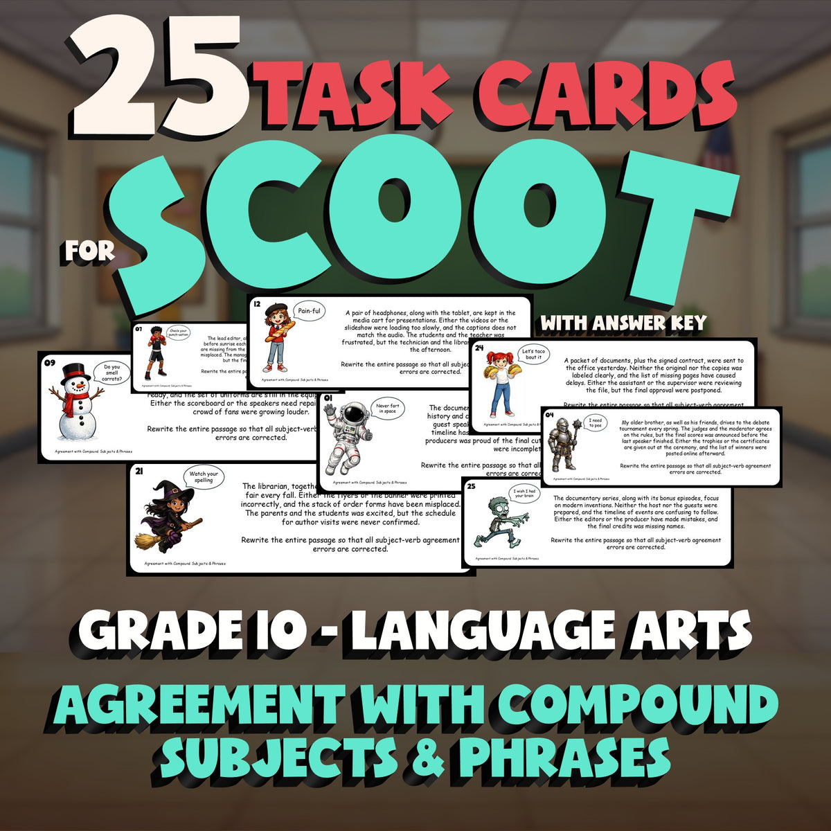Agreement with Compound Subjects & Phrases SCOOT TASK CARDS ELA Game - Grade 10