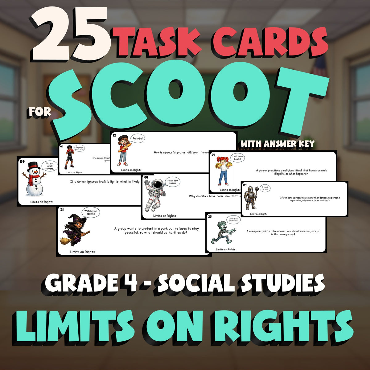 Limits on Rights SCOOT TASK CARDS Socials Game - No Prep Grade 4 Review Activity