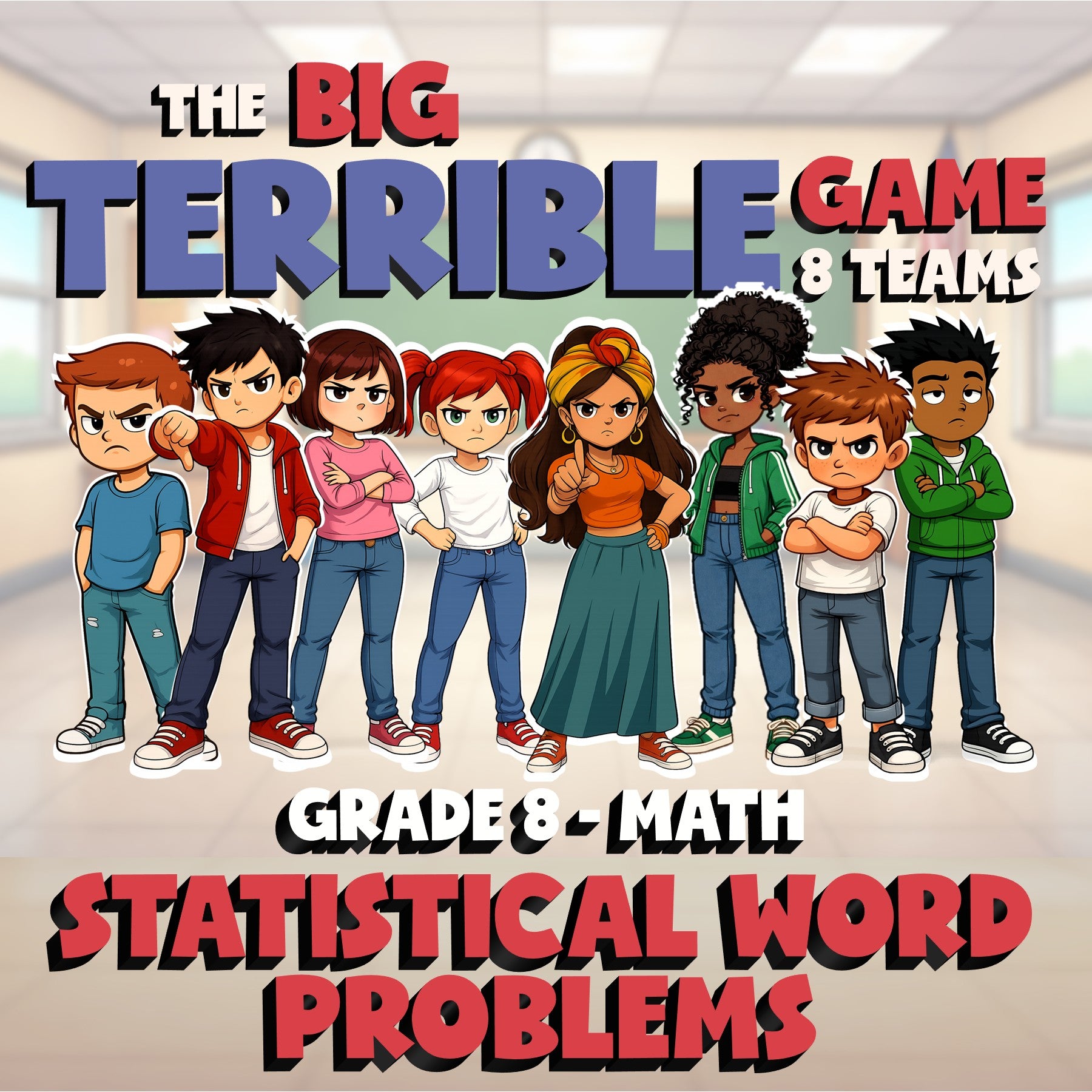 Statistical Word Problems BIG TERRIBLE GAME - No Prep Grade 8 Math Review