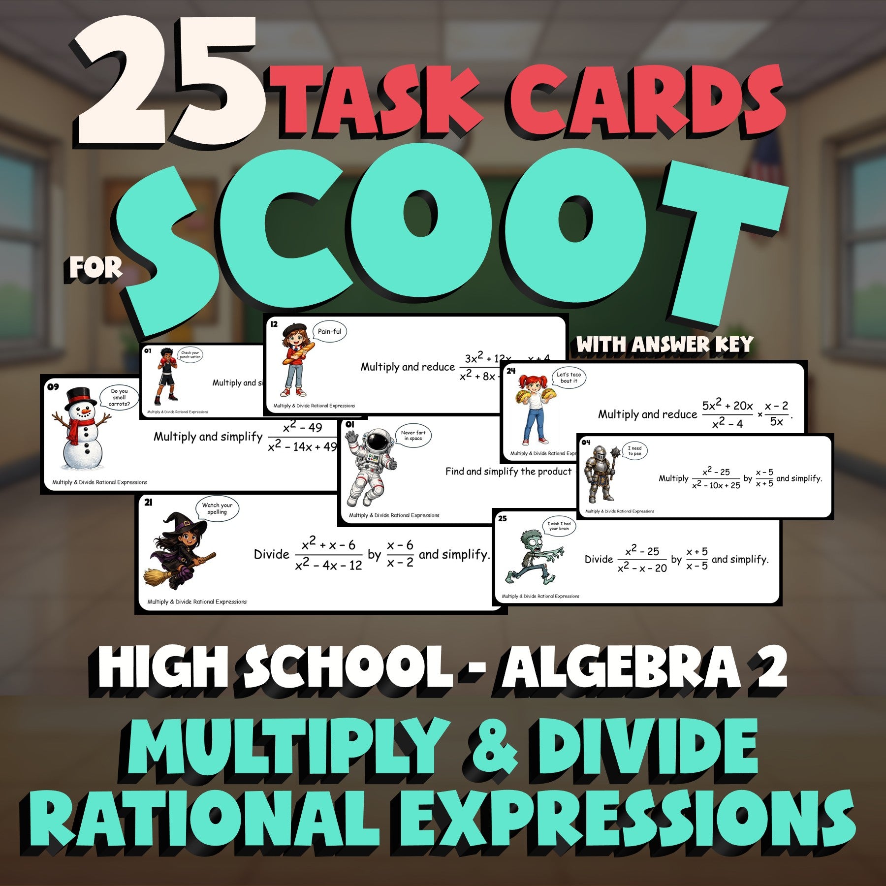 Multiply & Divide Rational Expressions SCOOT TASK CARDS Math Game - Algebra 2