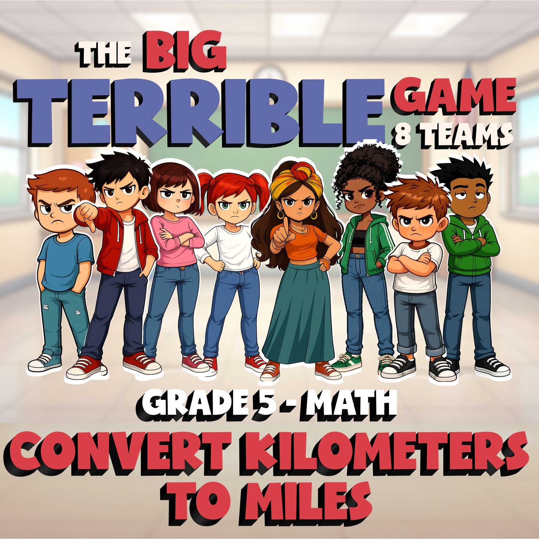 Convert Kilometers to Miles BIG TERRIBLE GAME - No Prep Grade 5 Math Review