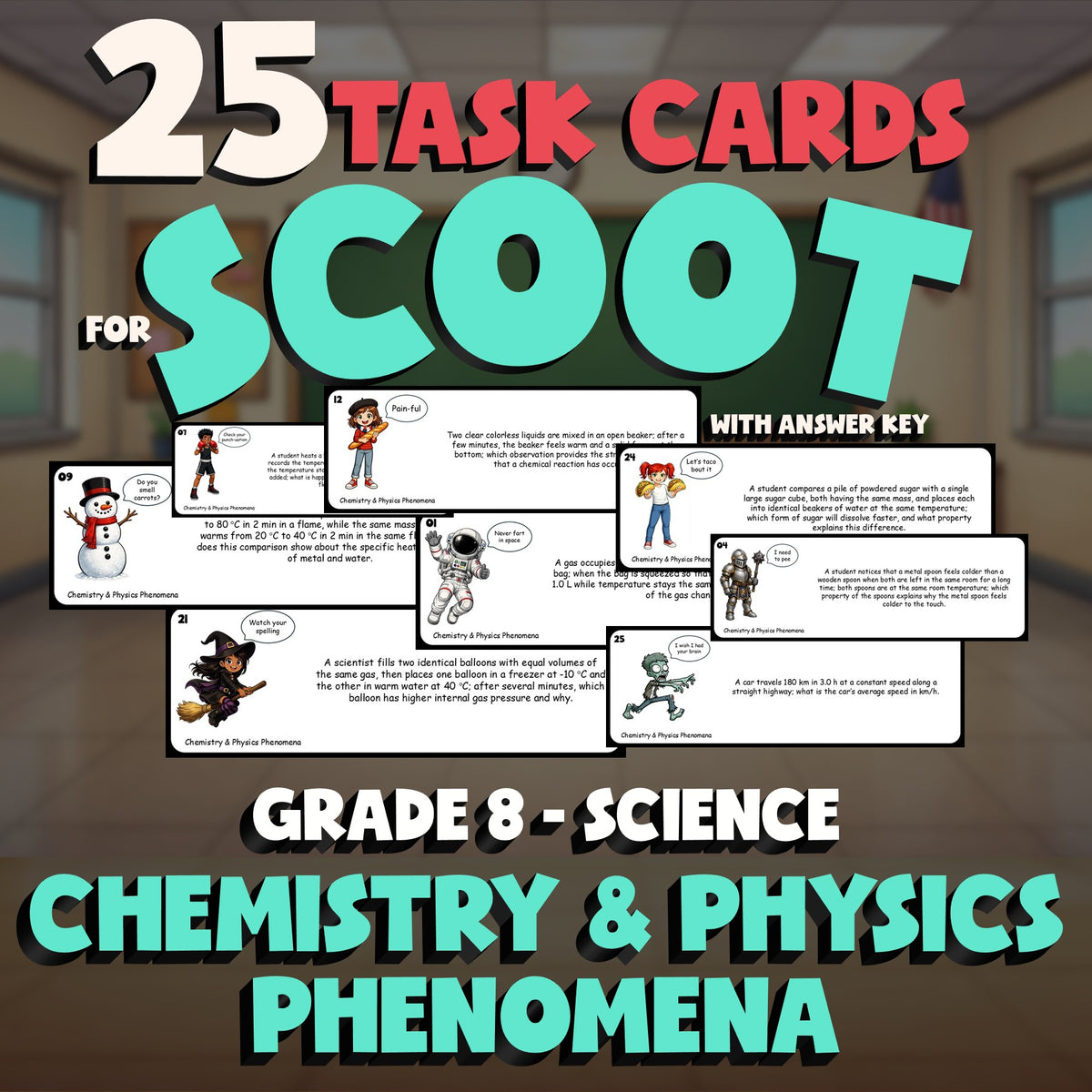 Chemistry & Physics Phenomena SCOOT TASK CARDS Science Game - No Prep Grade 8