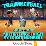 Multiplying 4 Digit by 1 Digit Numbers TRASHKETBALL Math Game - No Prep Grade 4