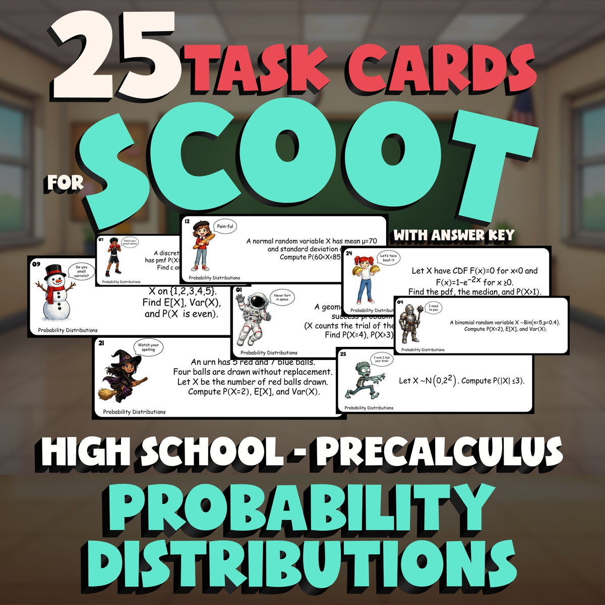 Probability Distributions SCOOT TASK CARDS Math Game - No Prep PreCalculus