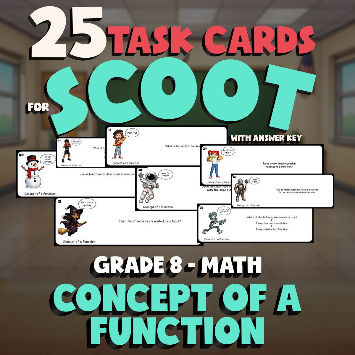 Concept of a Function SCOOT TASK CARDS Math Game - No Prep Grade 8 Review