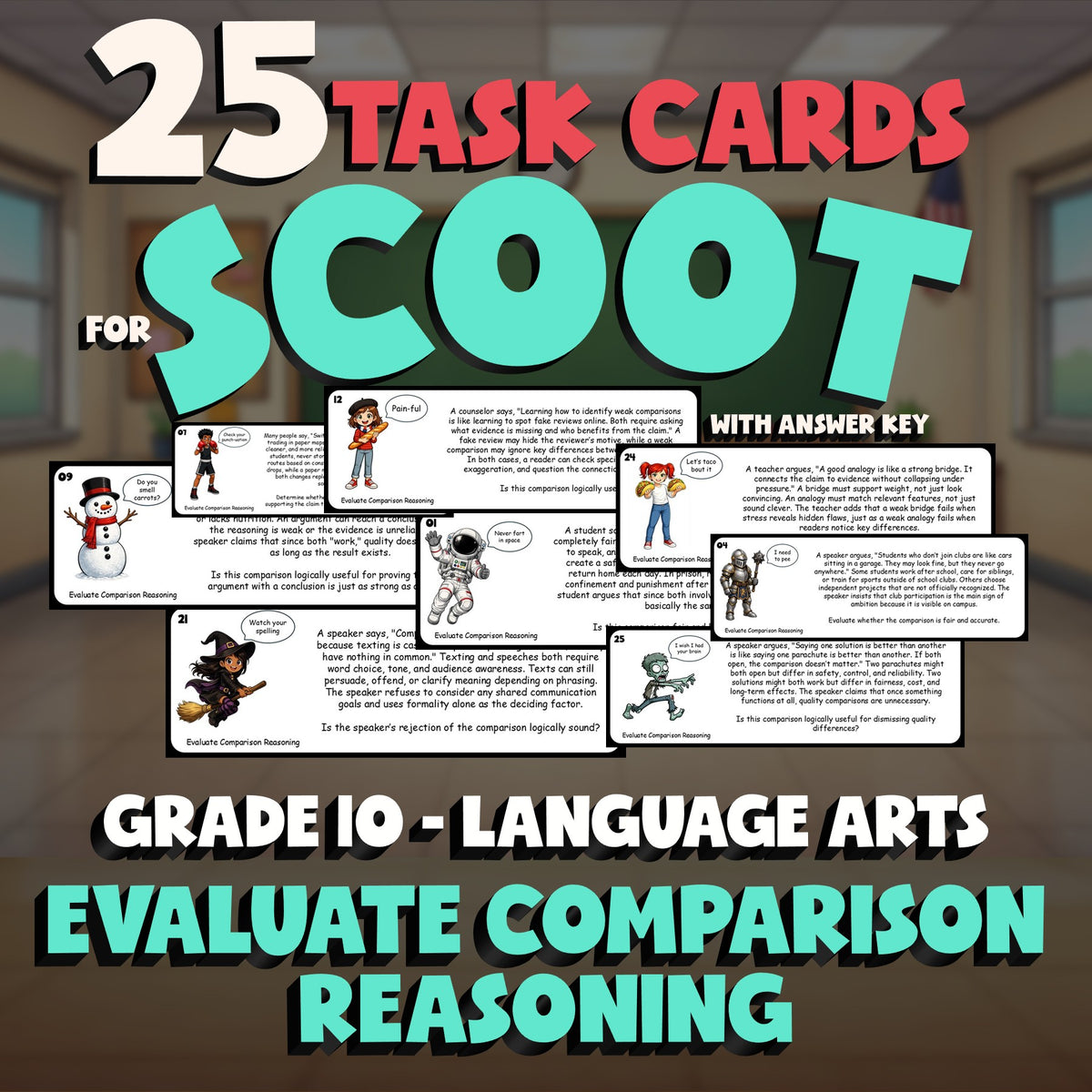 Evaluate Comparison Reasoning SCOOT TASK CARDS ELA Game - No Prep Grade 10