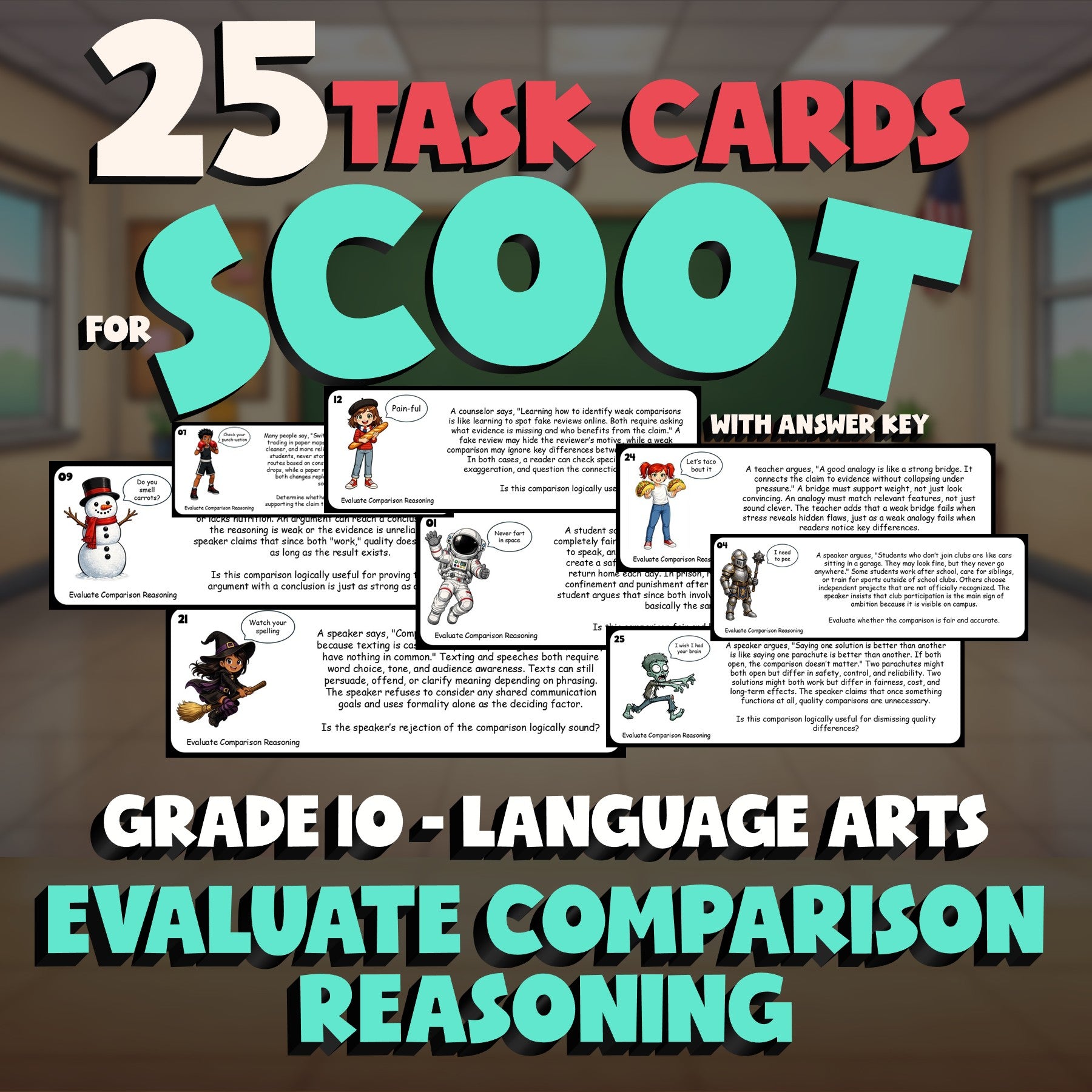Evaluate Comparison Reasoning SCOOT TASK CARDS ELA Game - No Prep Grade 10