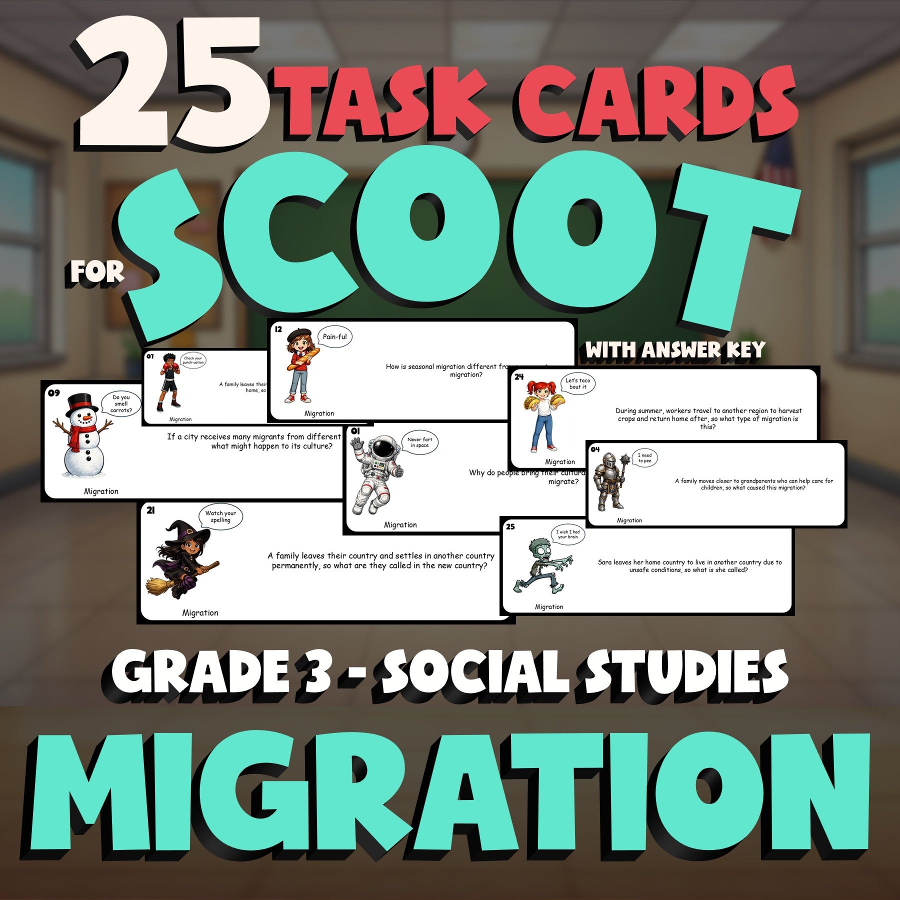 Migration SCOOT TASK CARDS Socials Game - No Prep Grade 3 Review Activity