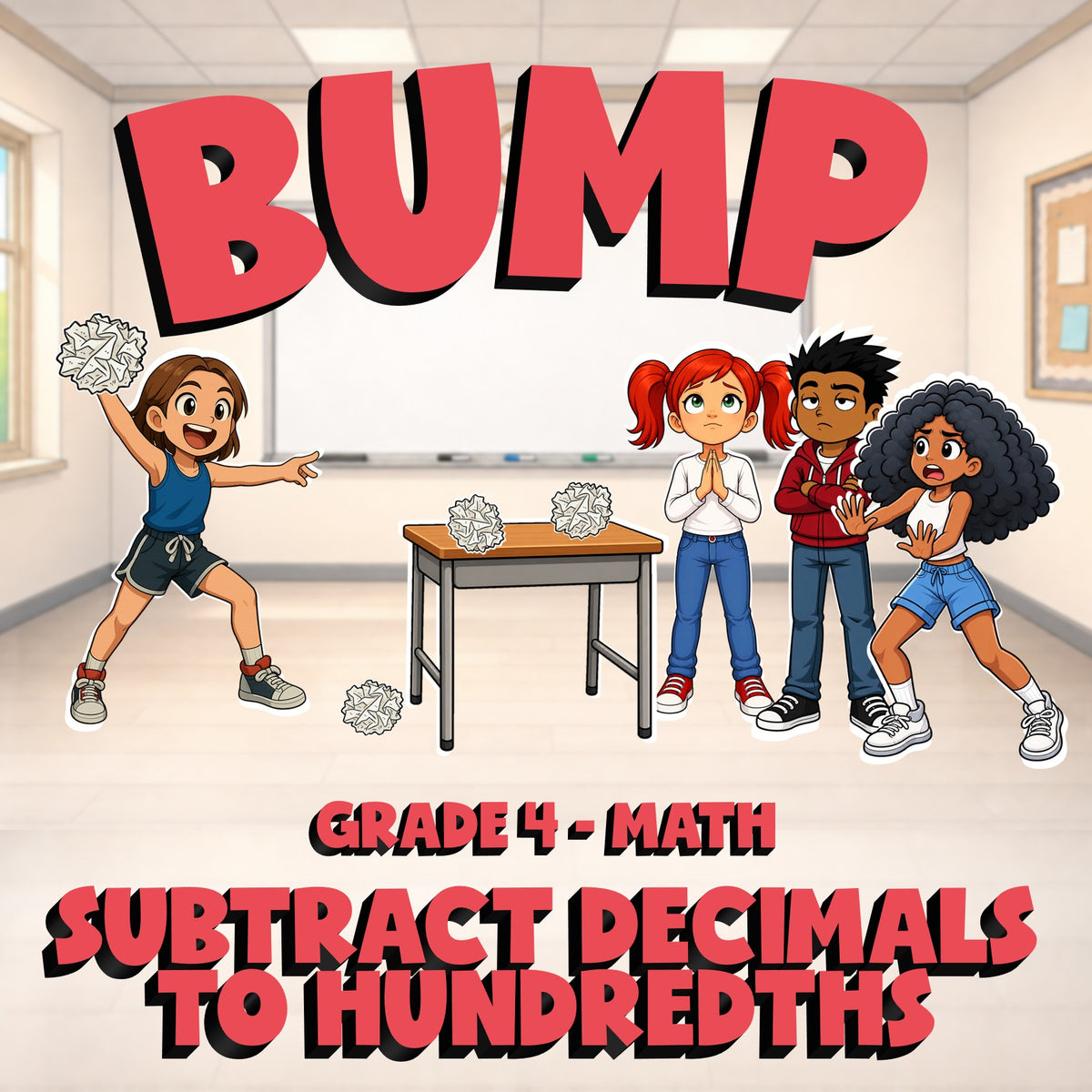 Subtract Decimals to Hundredths BUMP Math Game - No Prep Grade 4 Review Activity