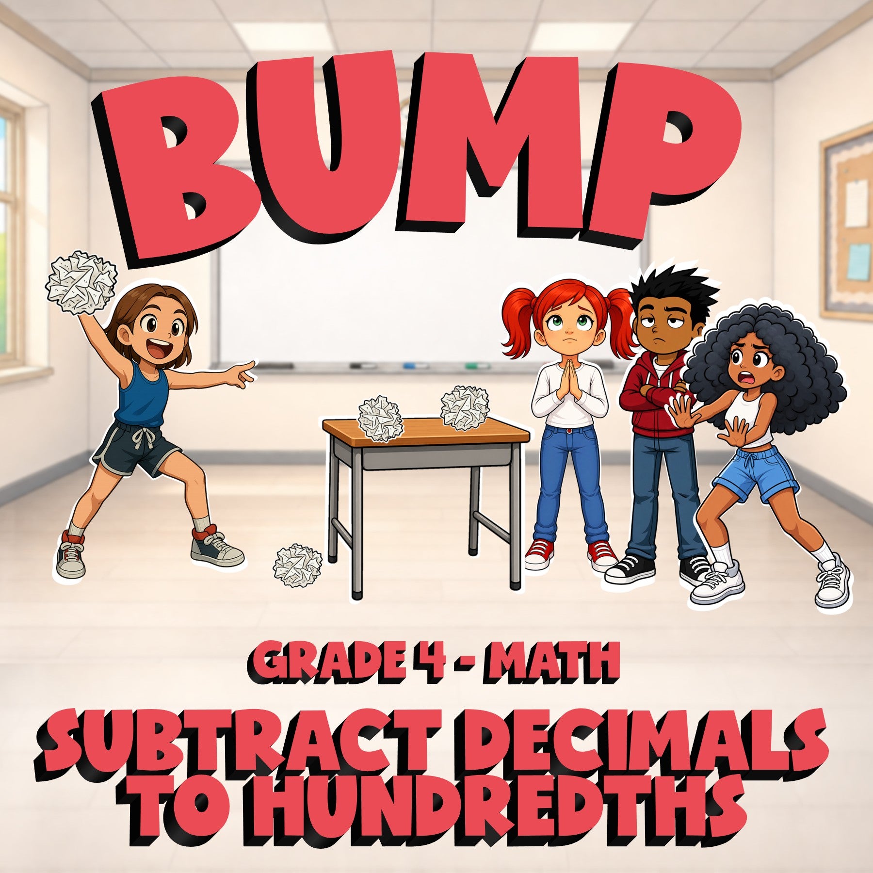 Subtract Decimals to Hundredths BUMP Math Game - No Prep Grade 4 Review Activity