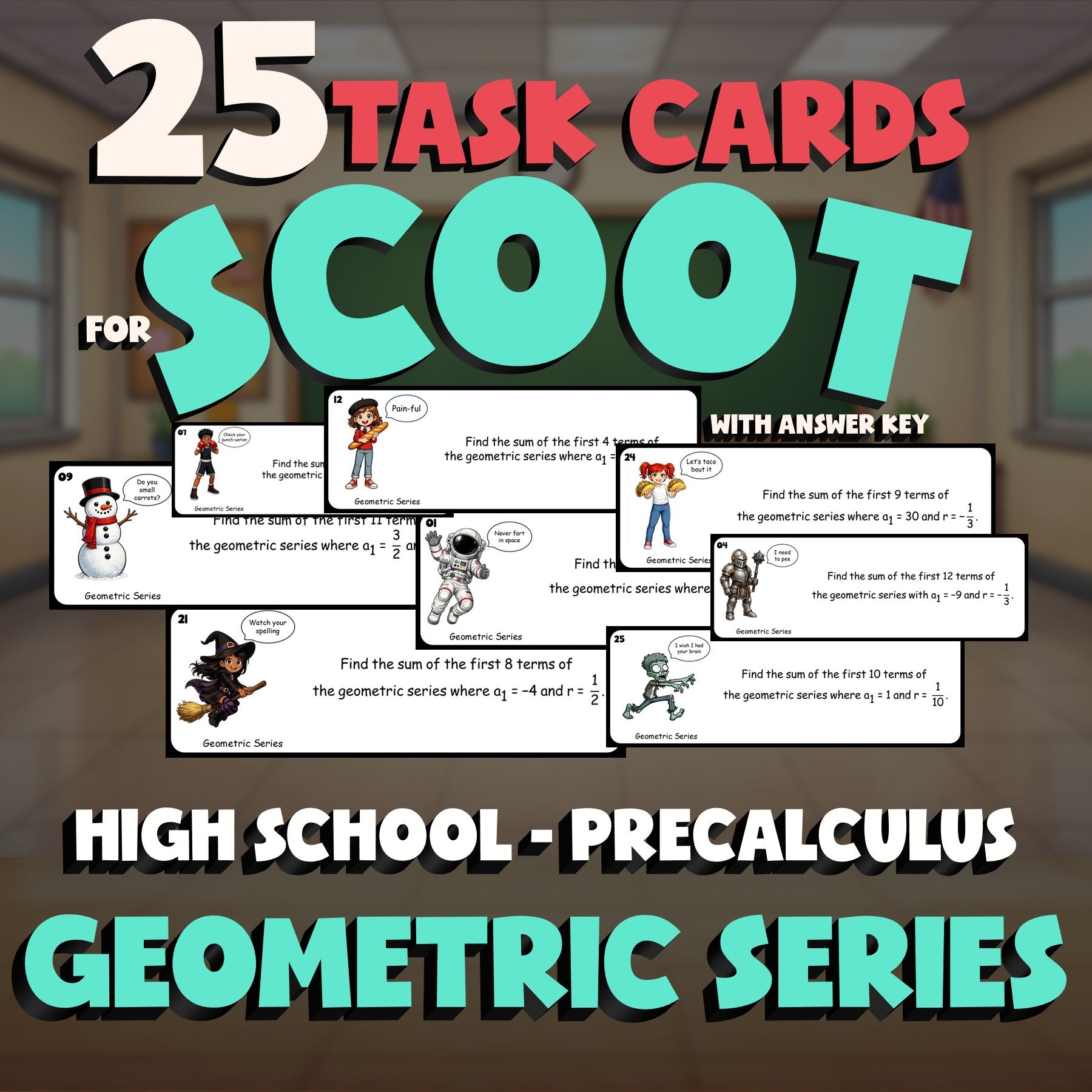 Geometric Series SCOOT TASK CARDS Math Game - No Prep PreCalculus Review