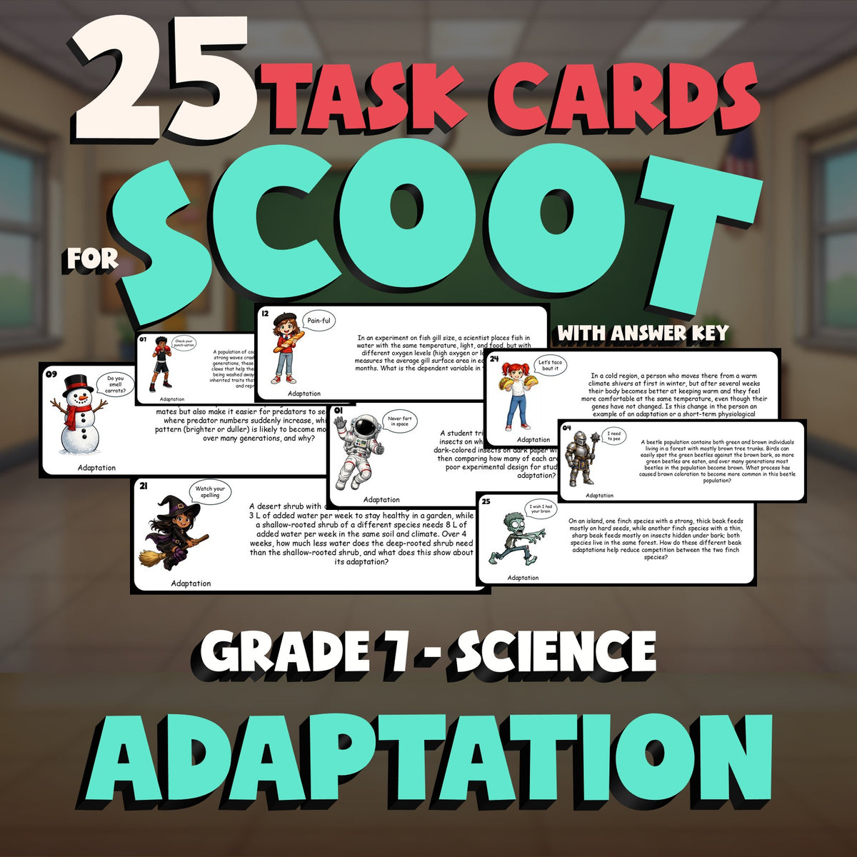Adaptation SCOOT TASK CARDS Science Game - No Prep Grade 7 Review Activity