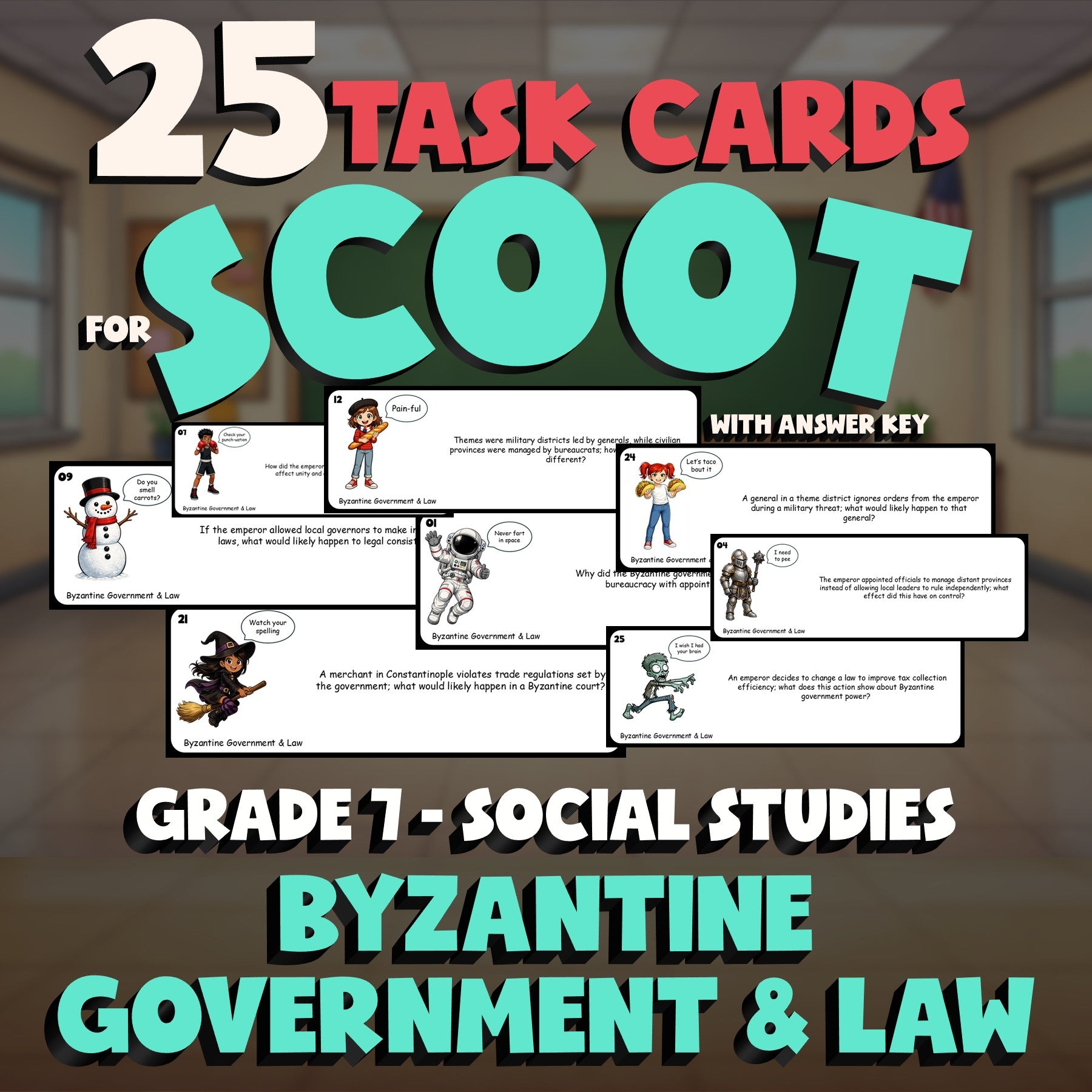 Byzantine Government & Law SCOOT TASK CARDS Socials Game - No Prep Grade 7