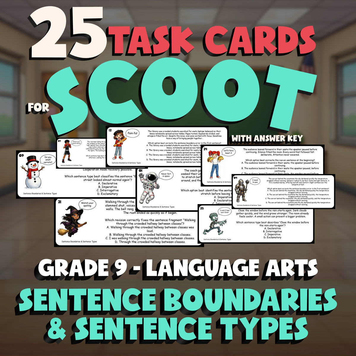 Sentence Boundaries & Sentence Types SCOOT TASK CARDS ELA Game - No Prep Grade 9