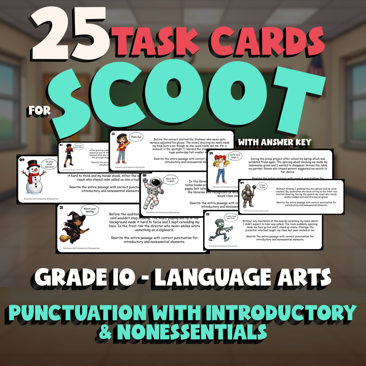 Punctuation with Introductory & Nonessentials SCOOT TASK CARDS ELA Game Grade 10