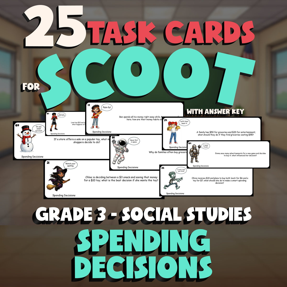 Spending Decisions SCOOT TASK CARDS Socials Game - No Prep Grade 3 Review