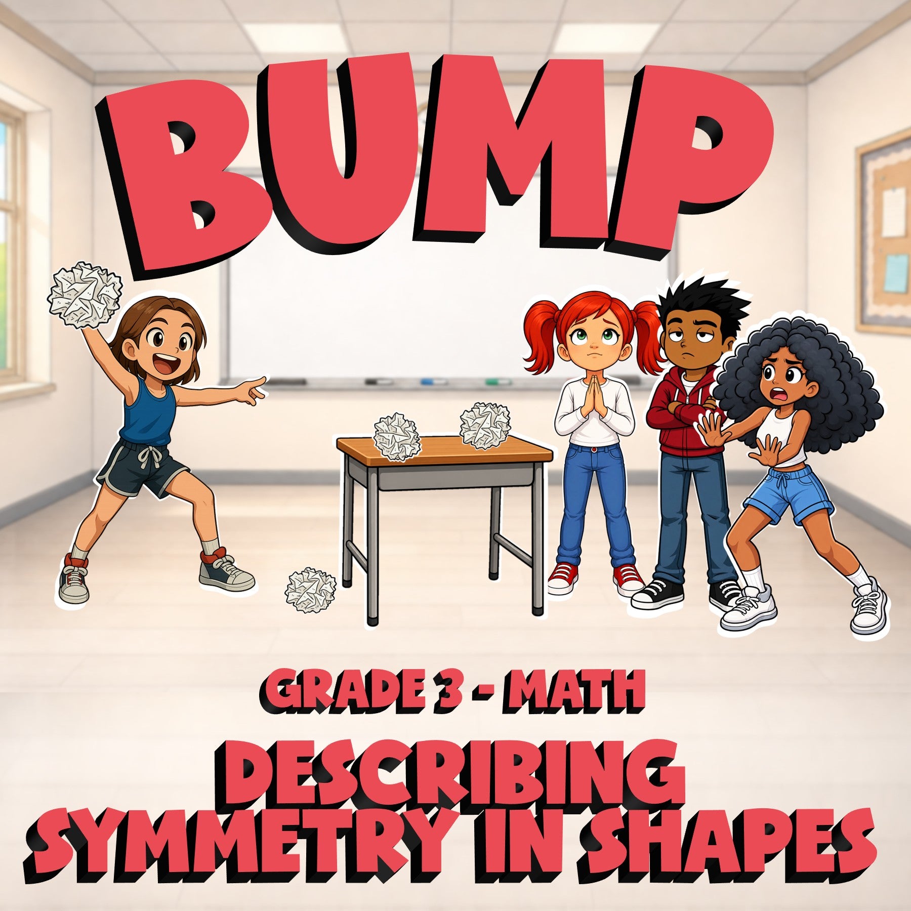 Describing Symmetry in Shapes BUMP Math Game - No Prep Grade 3 Review Activity