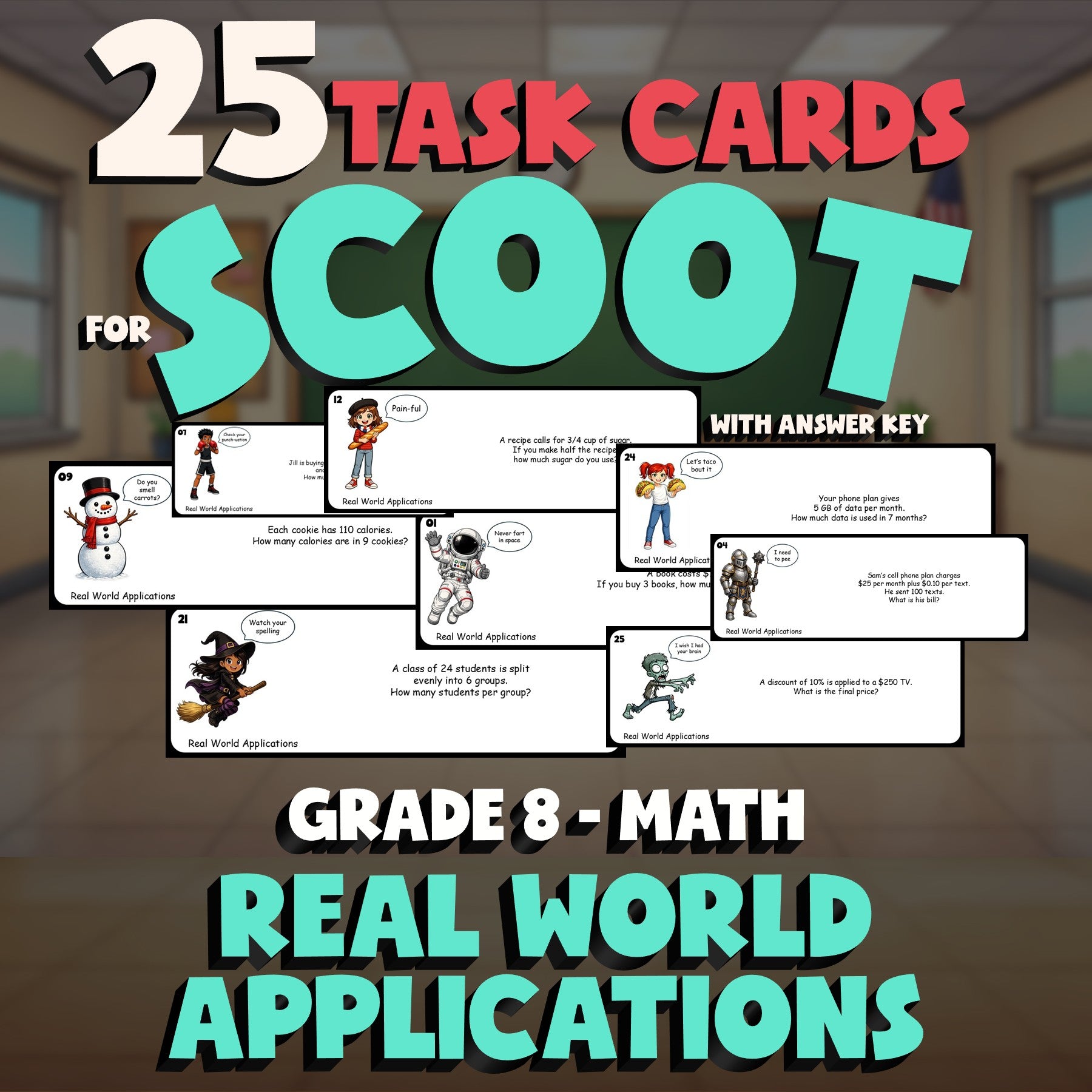 Real World Applications SCOOT TASK CARDS Math Game - No Prep Grade 8 Review