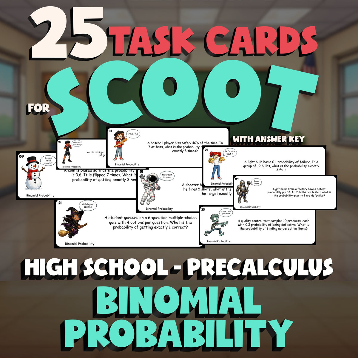 Binomial Probability SCOOT TASK CARDS Math Game - No Prep PreCalculus Review