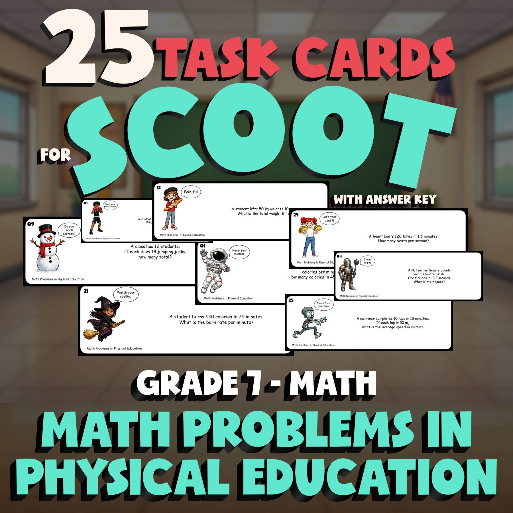 Math Problems in Physical Education SCOOT TASK CARDS Math Game - No Prep Grade 7