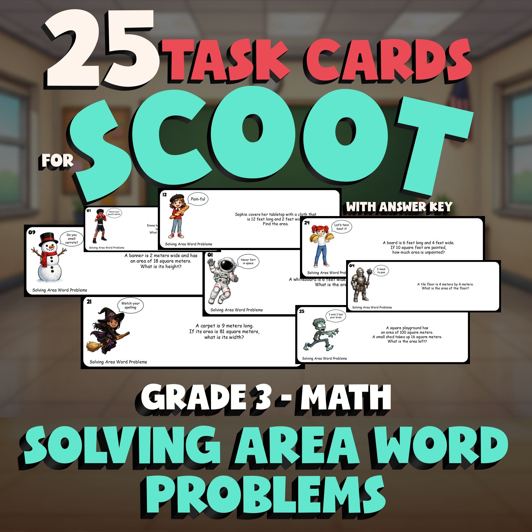 Solving Area Word Problems SCOOT TASK CARDS Math Game - No Prep Grade 3 Review