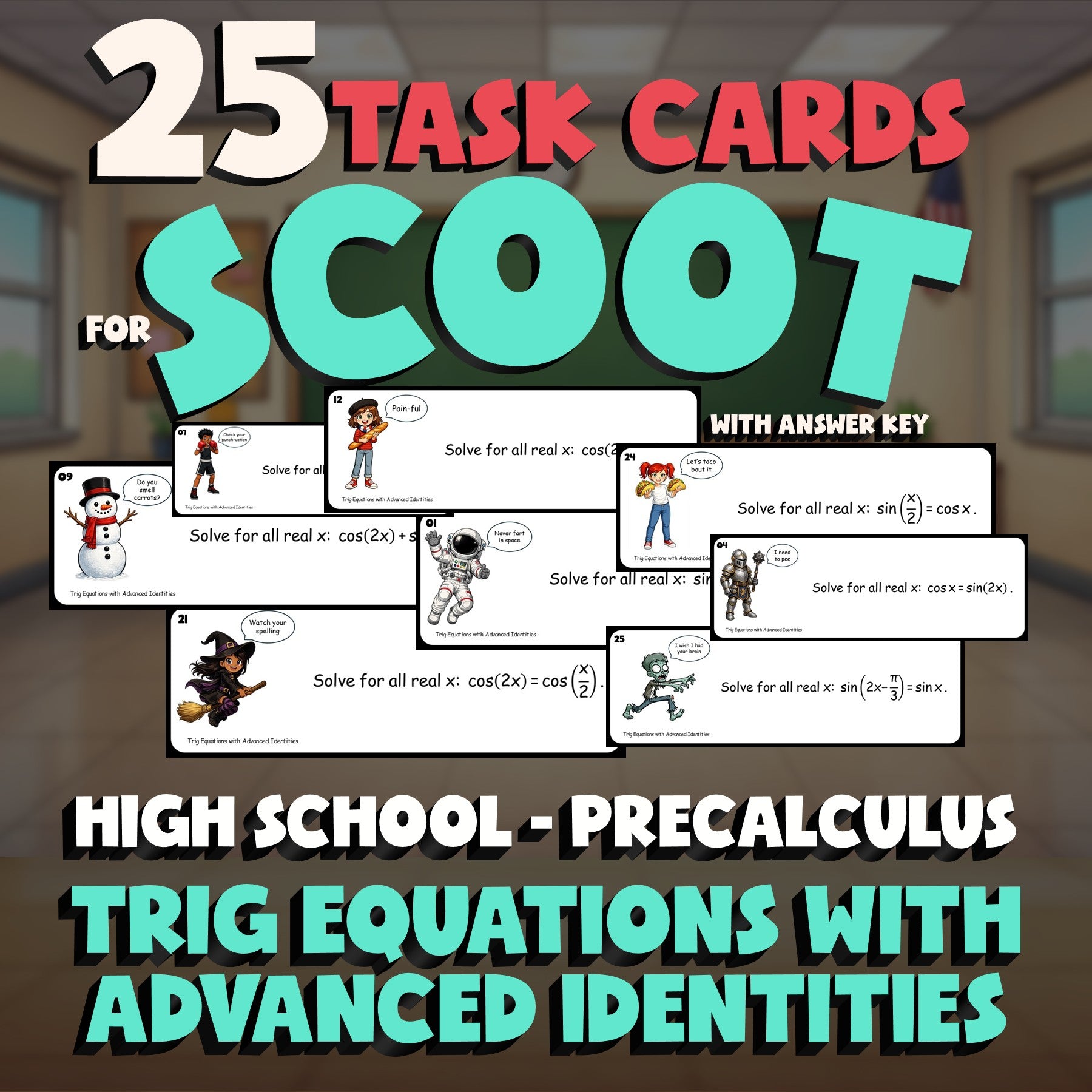Trig Equations with Advanced Identities SCOOT TASK CARDS Math Game - PreCalculus