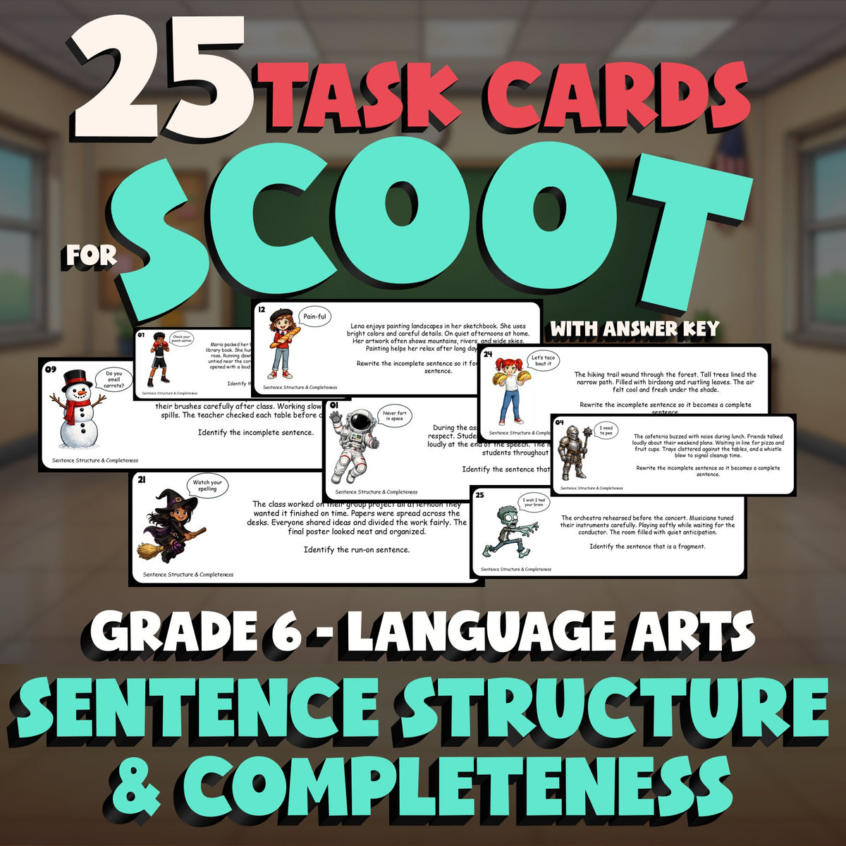Sentence Structure & Completeness SCOOT TASK CARDS ELA Game - No Prep Grade 6