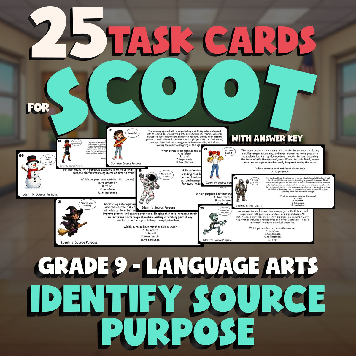 Identify Source Purpose SCOOT TASK CARDS ELA Game - No Prep Grade 9 Review