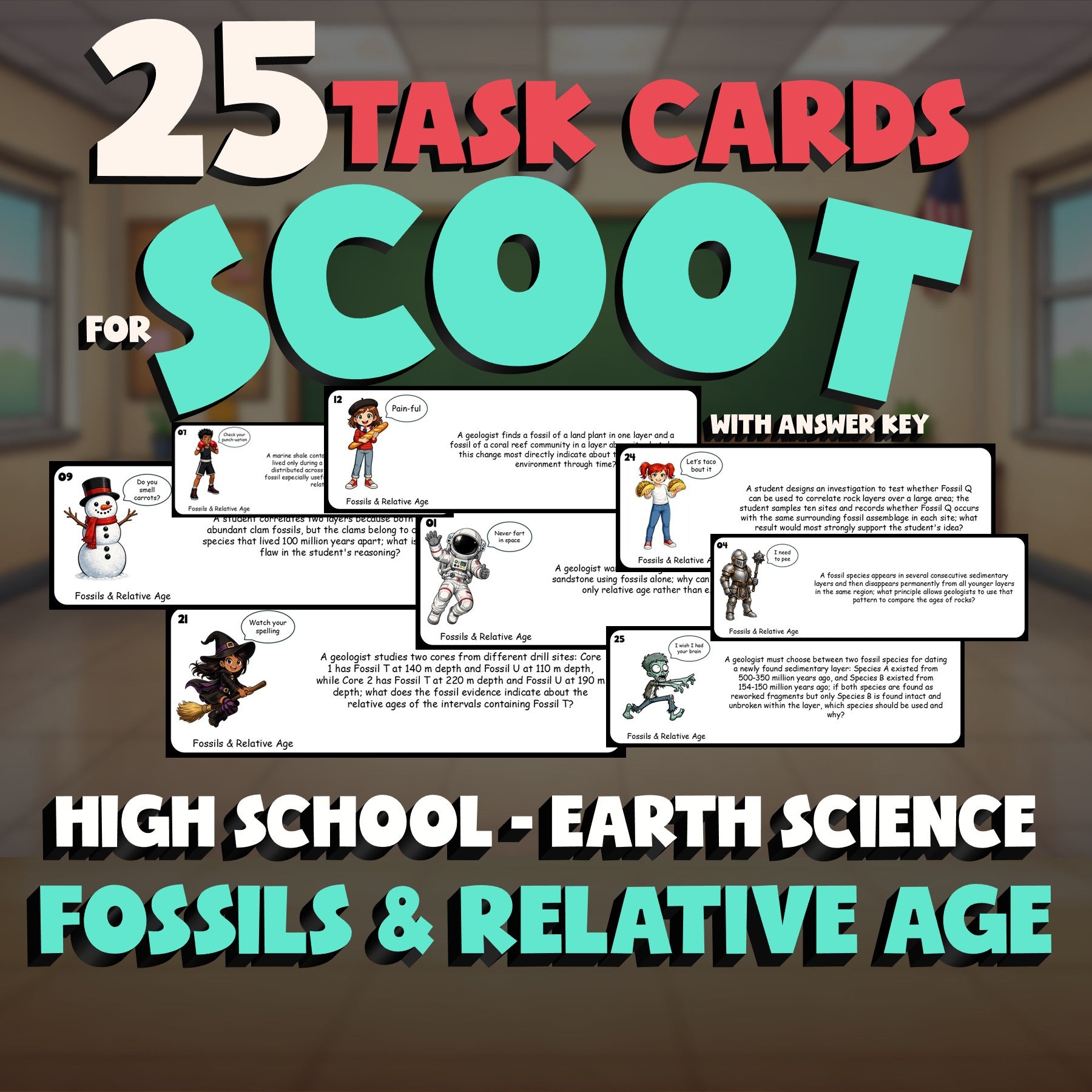 Fossils & Relative Age SCOOT TASK CARDS Game - No Prep Earth Science Review