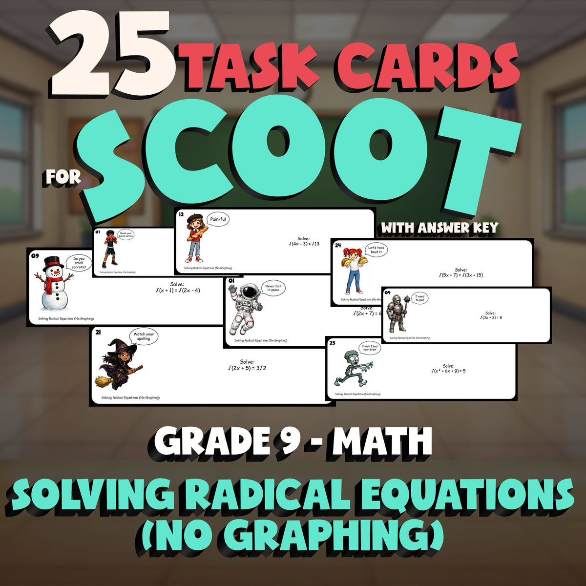Solving Radical Equations (No Graphing) SCOOT TASK CARDS Math Game - Grade 9