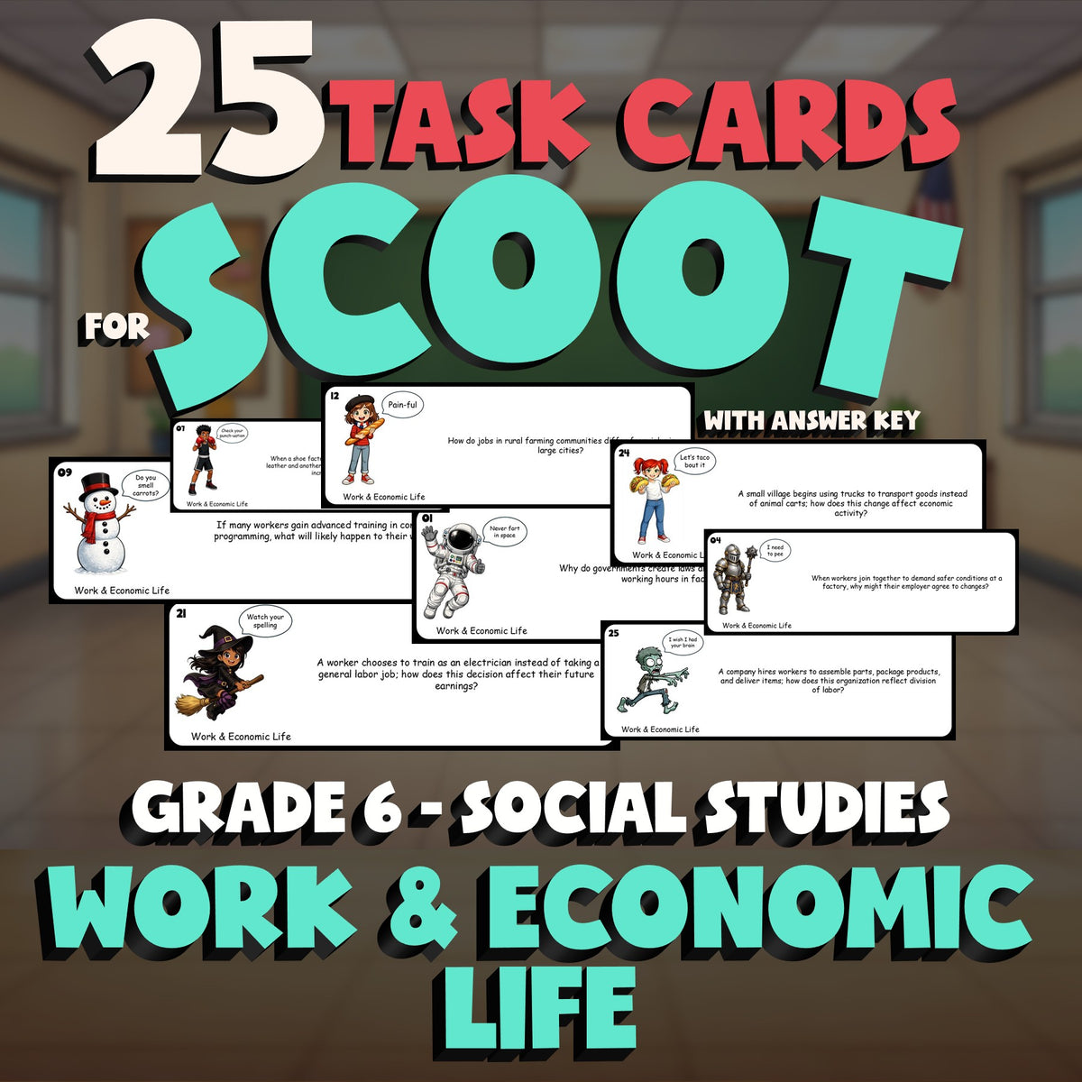 Work & Economic Life SCOOT TASK CARDS Socials Game - No Prep Grade 6 Review