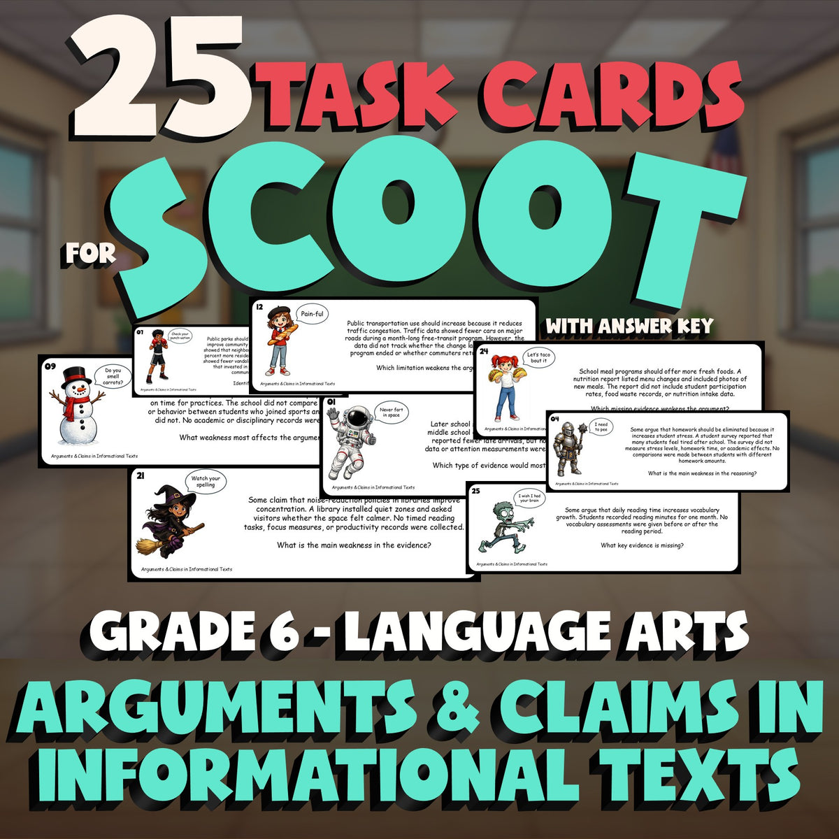 Arguments & Claims in Informational Texts SCOOT TASK CARDS ELA Game - Grade 6