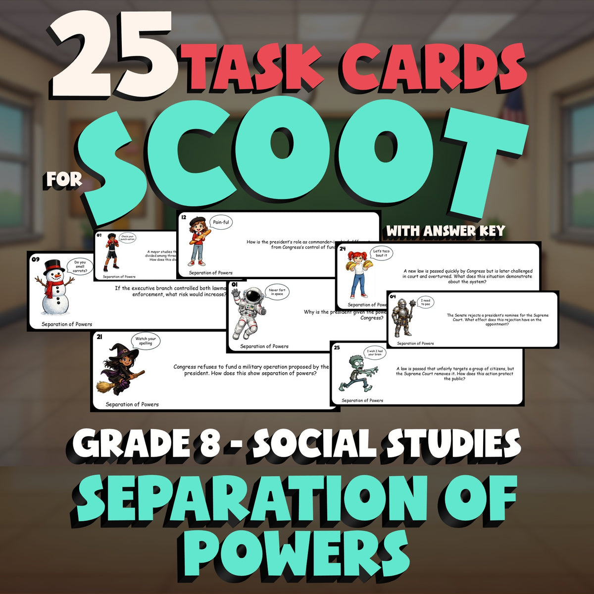 Separation of Powers SCOOT TASK CARDS Socials Game - No Prep Grade 8 Review