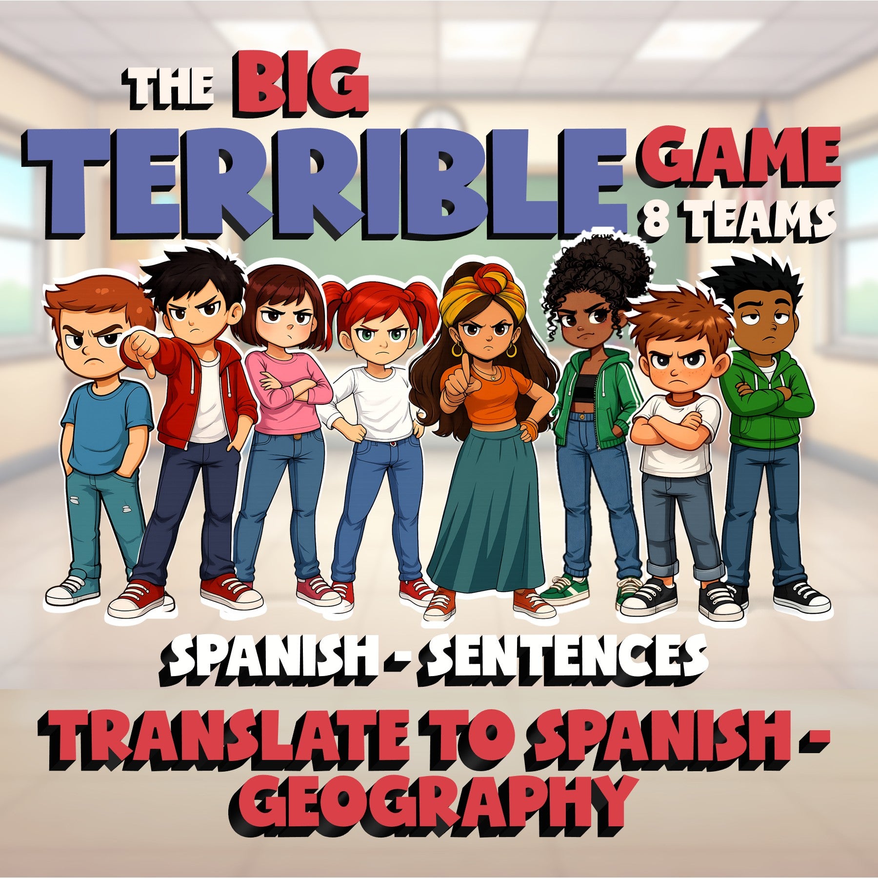 Translate to Spanish - Geography BIG TERRIBLE GAME - No Prep Spanish Exercise