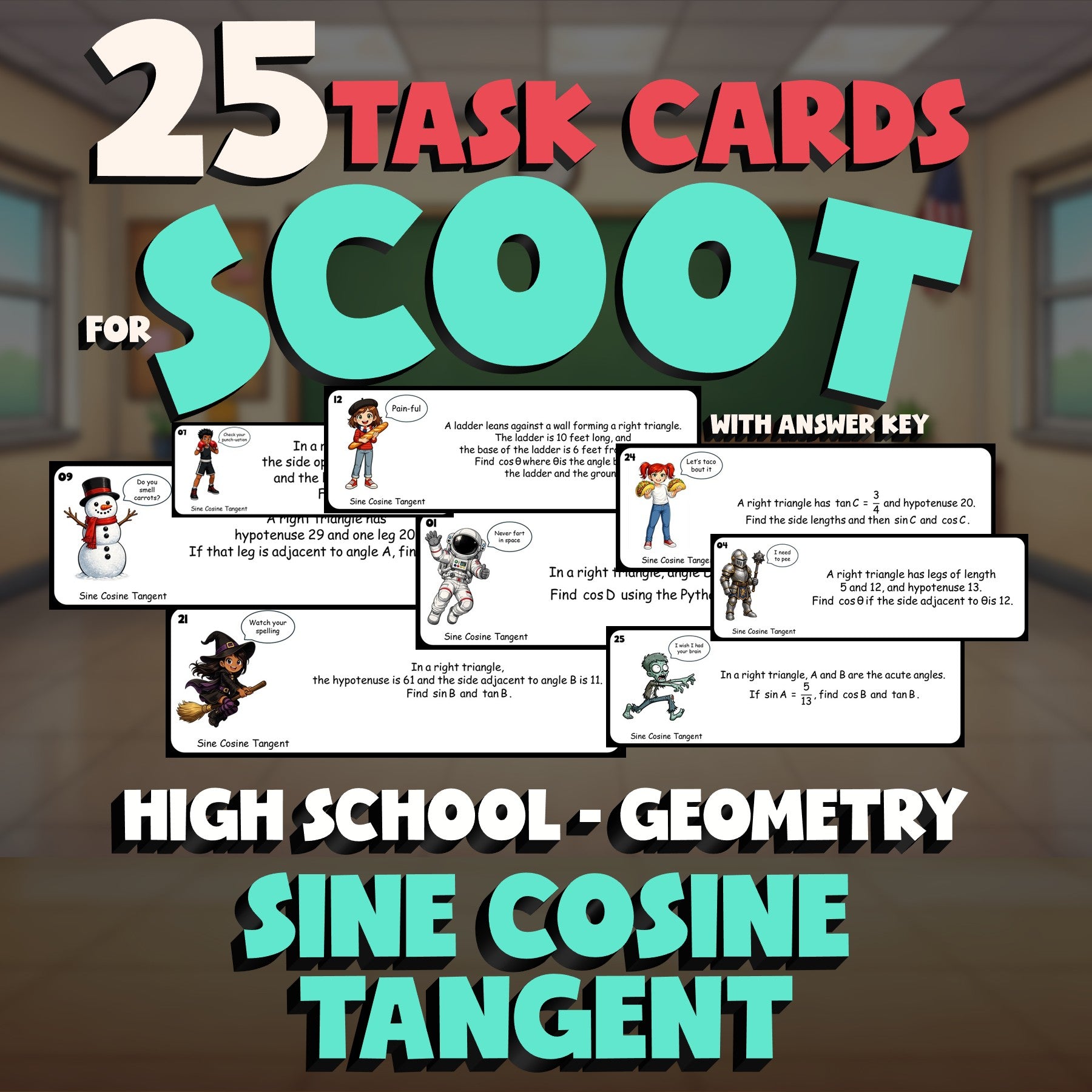 Sine Cosine Tangent SCOOT TASK CARDS Math Game - No Prep Geometry Review