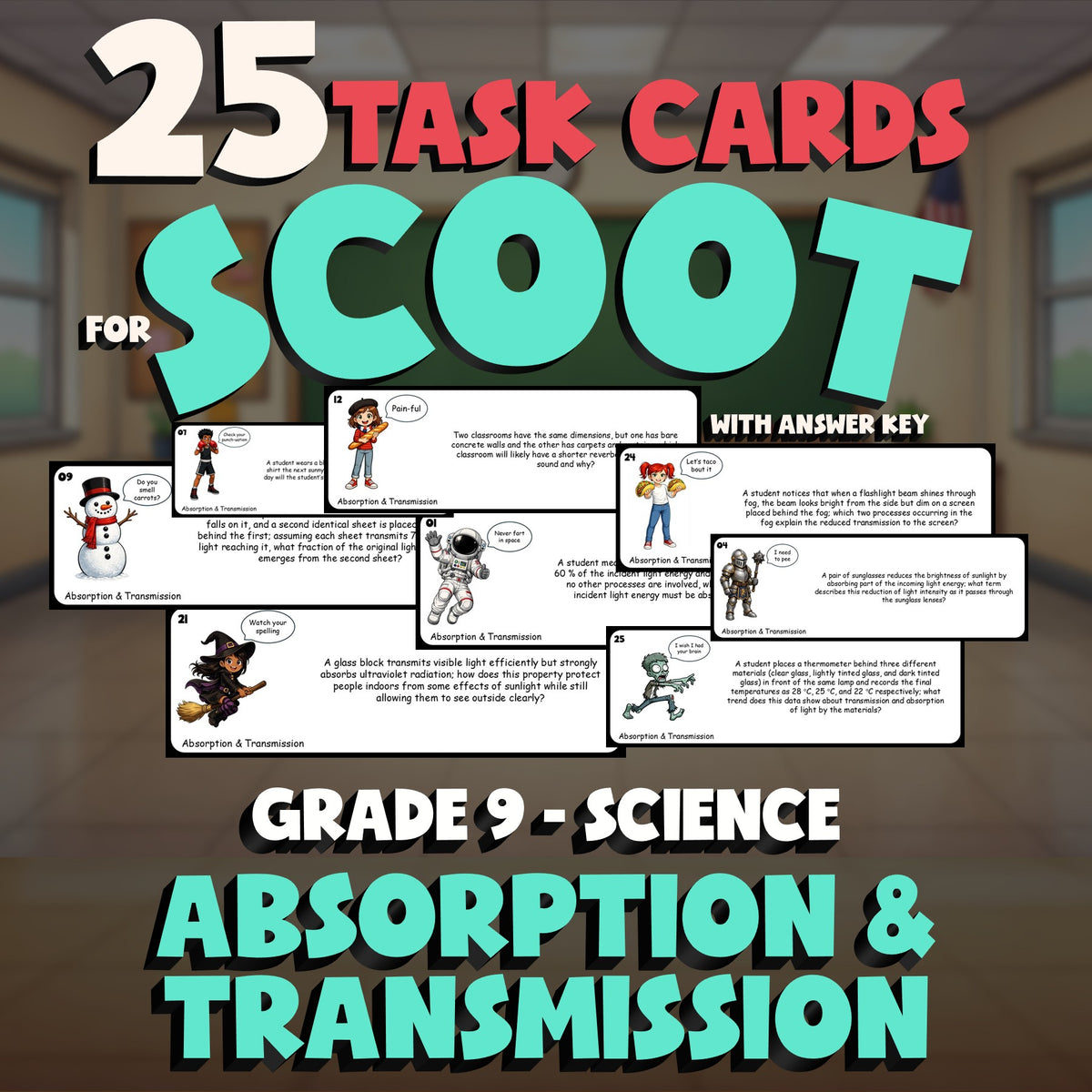Absorption & Transmission SCOOT TASK CARDS Science Game - No Prep Grade 9 Review