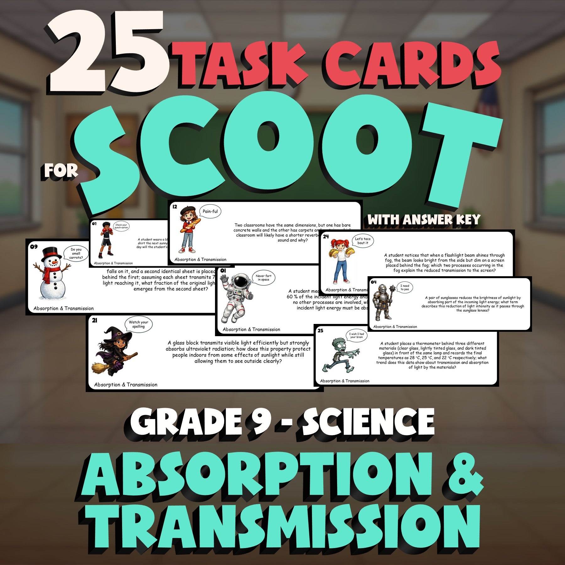 Absorption & Transmission SCOOT TASK CARDS Science Game - No Prep Grade 9 Review
