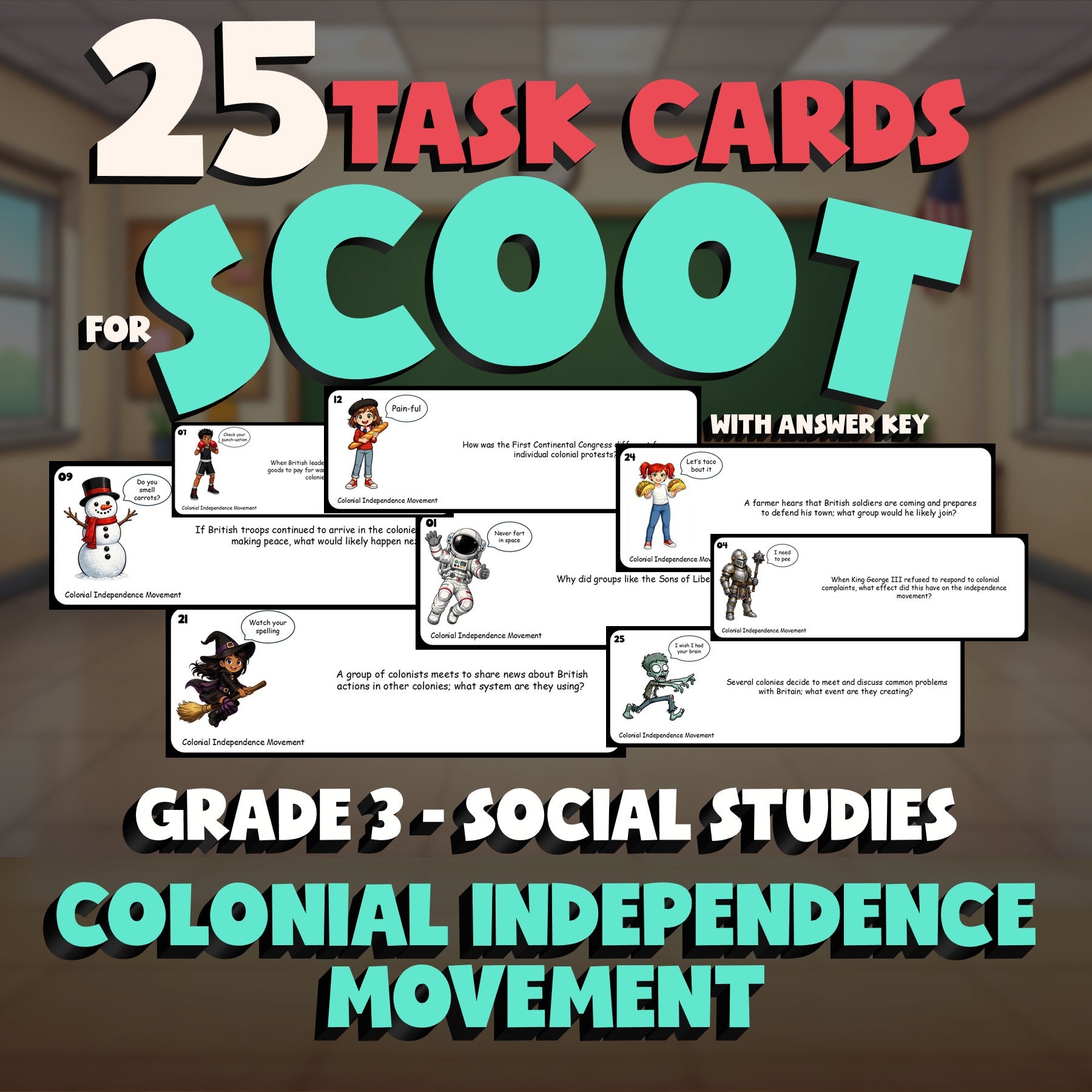 Colonial Independence Movement SCOOT TASK CARDS Socials Game - No Prep Grade 3