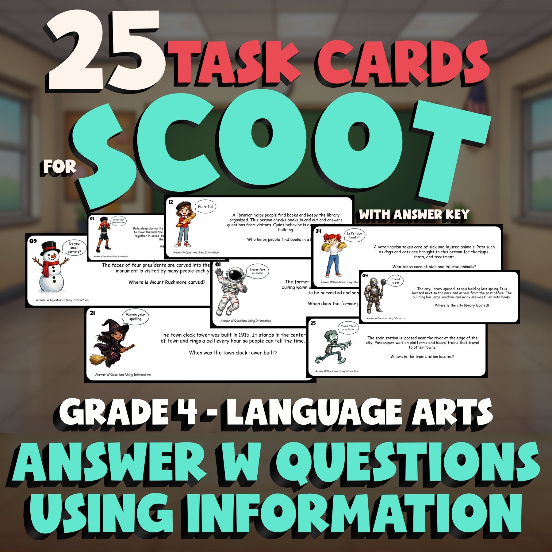 Answer W Questions Using Information SCOOT TASK CARDS ELA Game - No Prep Grade 4