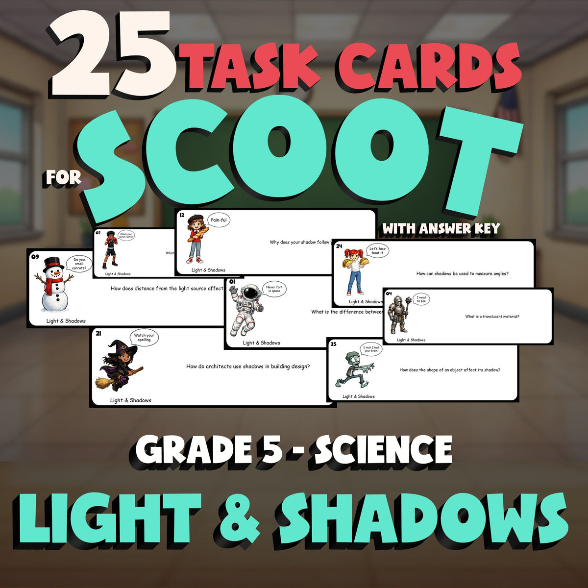 Light & Shadows SCOOT TASK CARDS Science Game - No Prep Grade 5 Review Activity