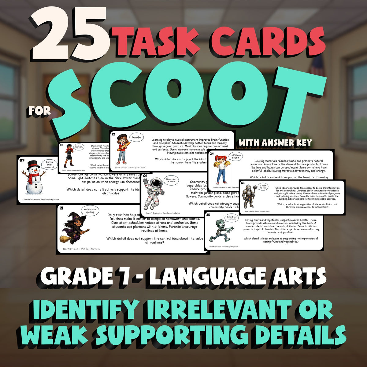 Identify Irrelevant or Weak Supporting Details SCOOT TASK CARDS ELA Game Grade 7