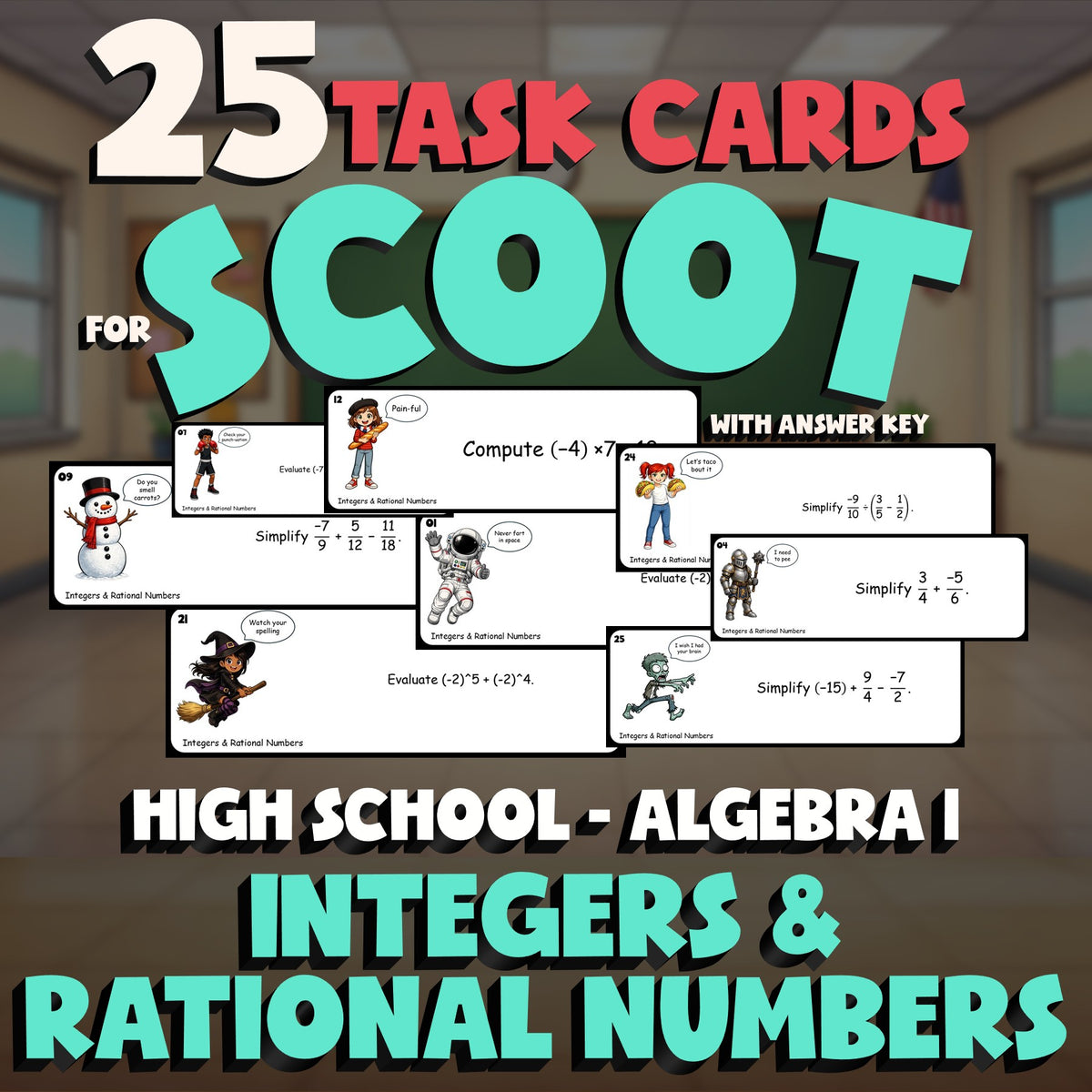 Integers & Rational Numbers SCOOT TASK CARDS Math Game - No Prep Algebra 1