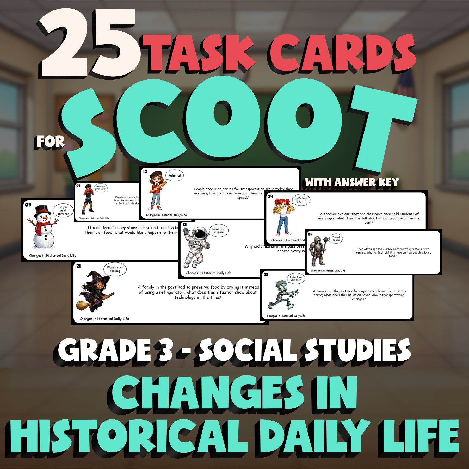 Changes in Historical Daily Life SCOOT TASK CARDS Socials Game - No Prep Grade 3