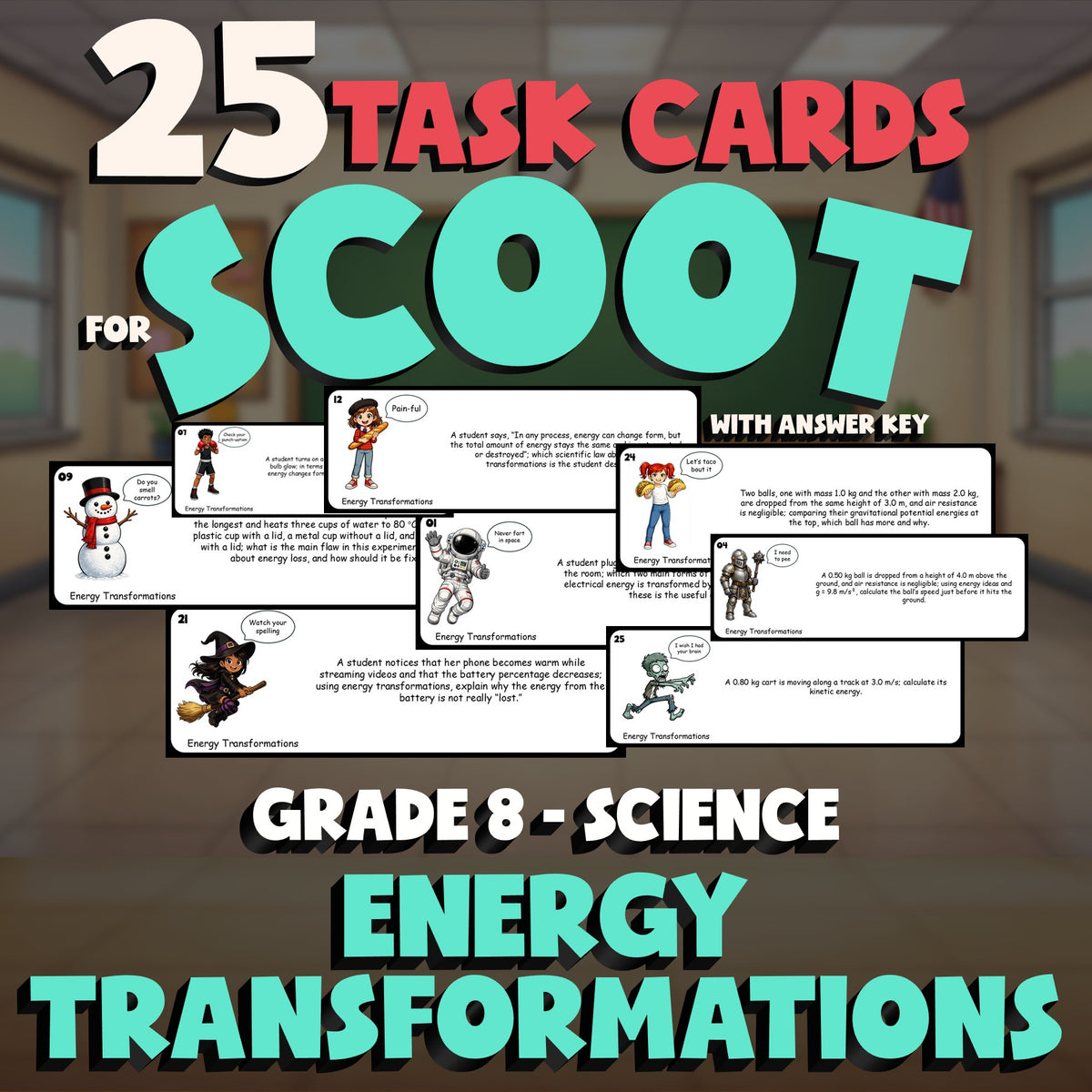 Energy Transformations SCOOT TASK CARDS Science Game - No Prep Grade 8 Review