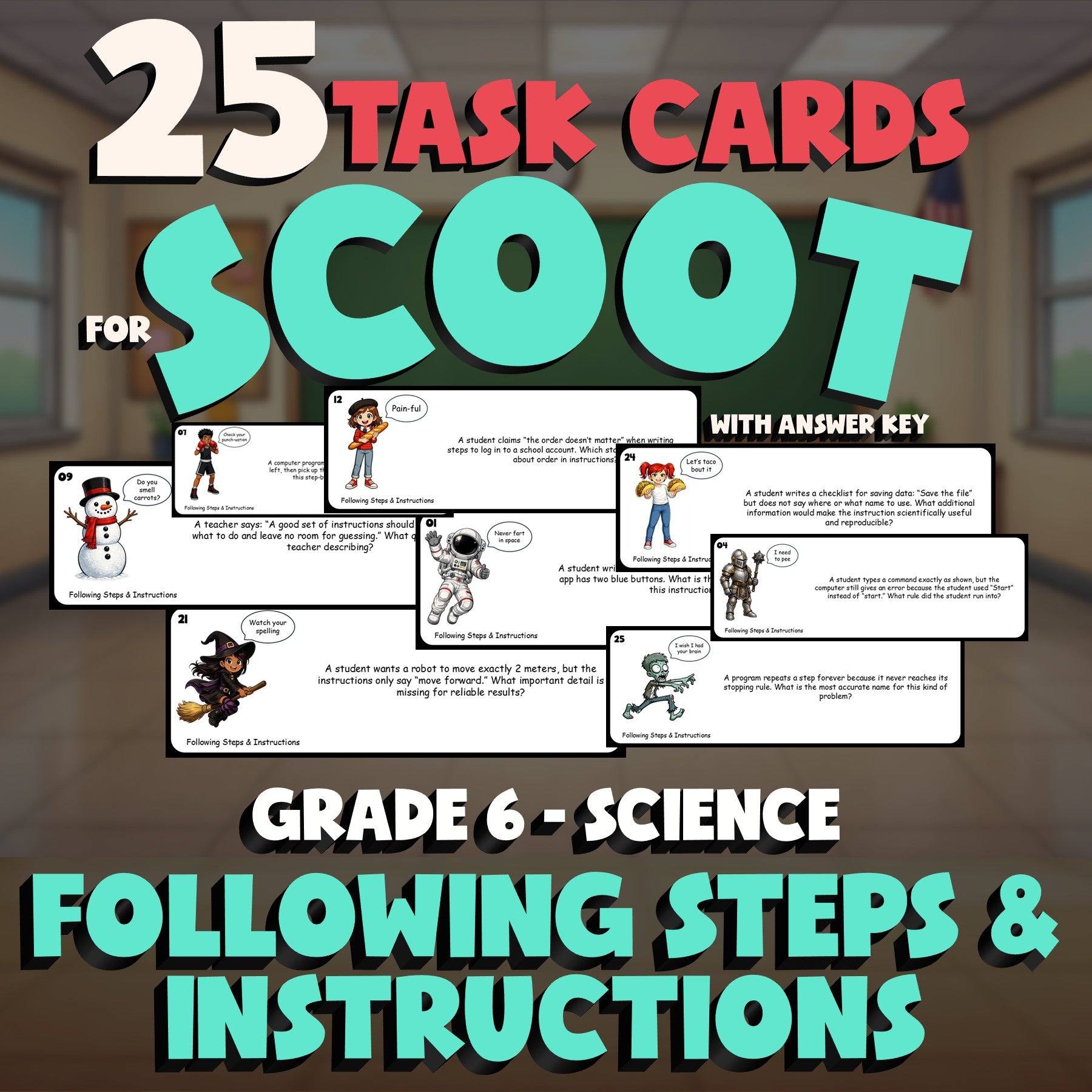 Following Steps & Instructions SCOOT TASK CARDS Science Game - No Prep Grade 6