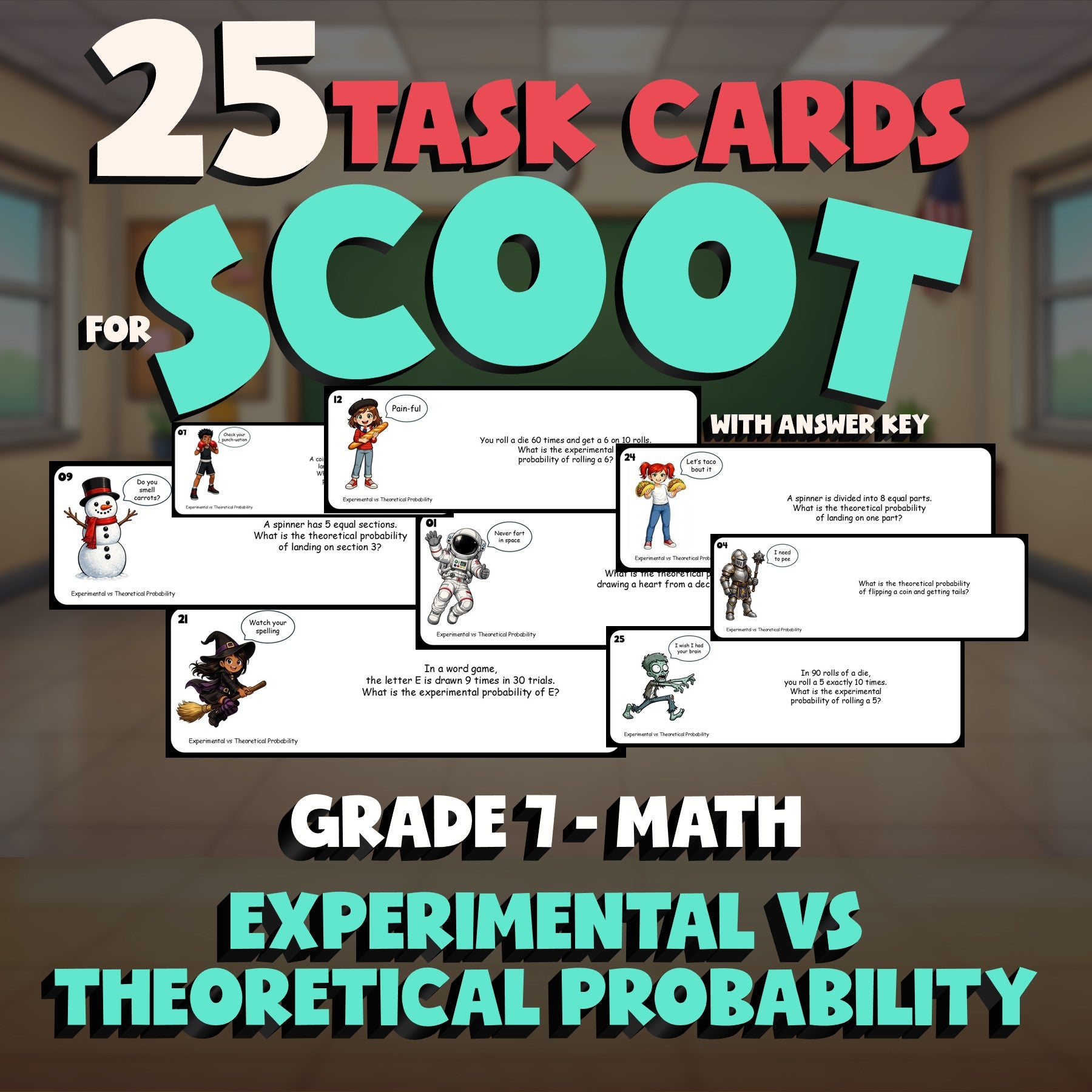 Experimental vs Theoretical Probability SCOOT TASK CARDS Math Game - Grade 7