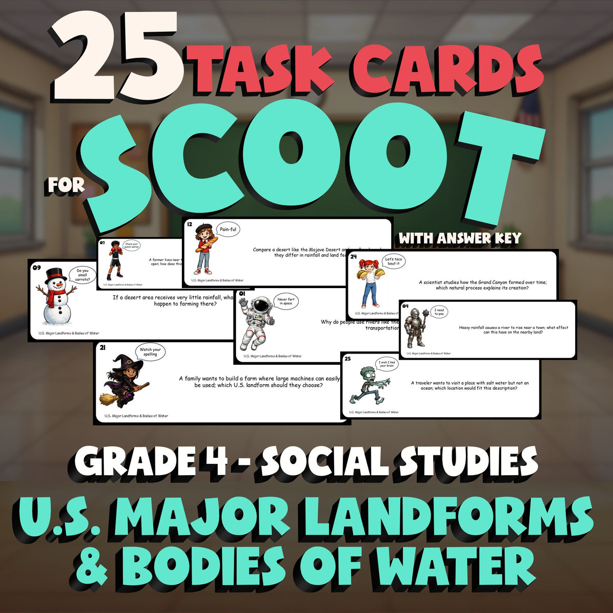 U.S. Major Landforms & Bodies of Water SCOOT TASK CARDS Socials Game - Grade 4
